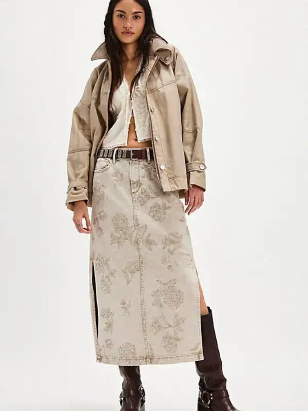 Driftwood Svetlana Maxi Skirt Straight Mid Rise Denim Floral Beige Plus Size 32